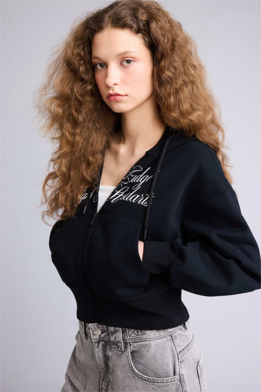 Kadın Siyah Kapüşonlu Baskılı Fermuarlı Sweatshirt