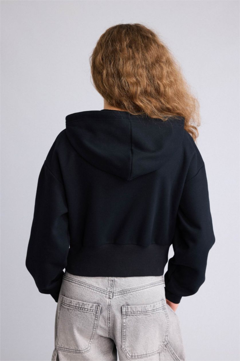 Kadın Siyah Kapüşonlu Baskılı Fermuarlı Sweatshirt