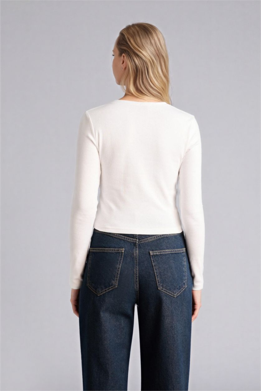 Kadın Kırık Beyaz Fıtted Bisiklet Yaka Nakış Baskı Baskılı Ribana Uzun Kollu Tişört