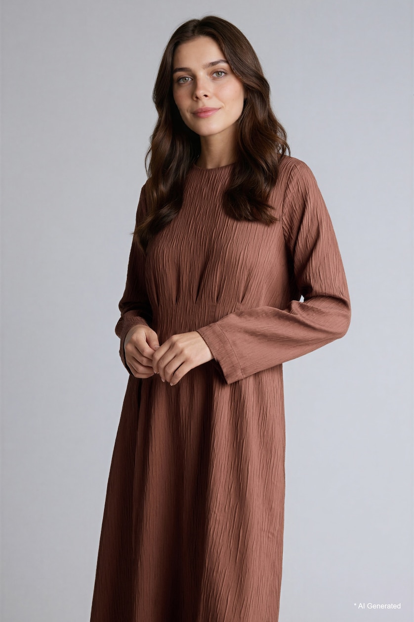 WOMAN Brown Crew Neck Crinkle Fabric Dress