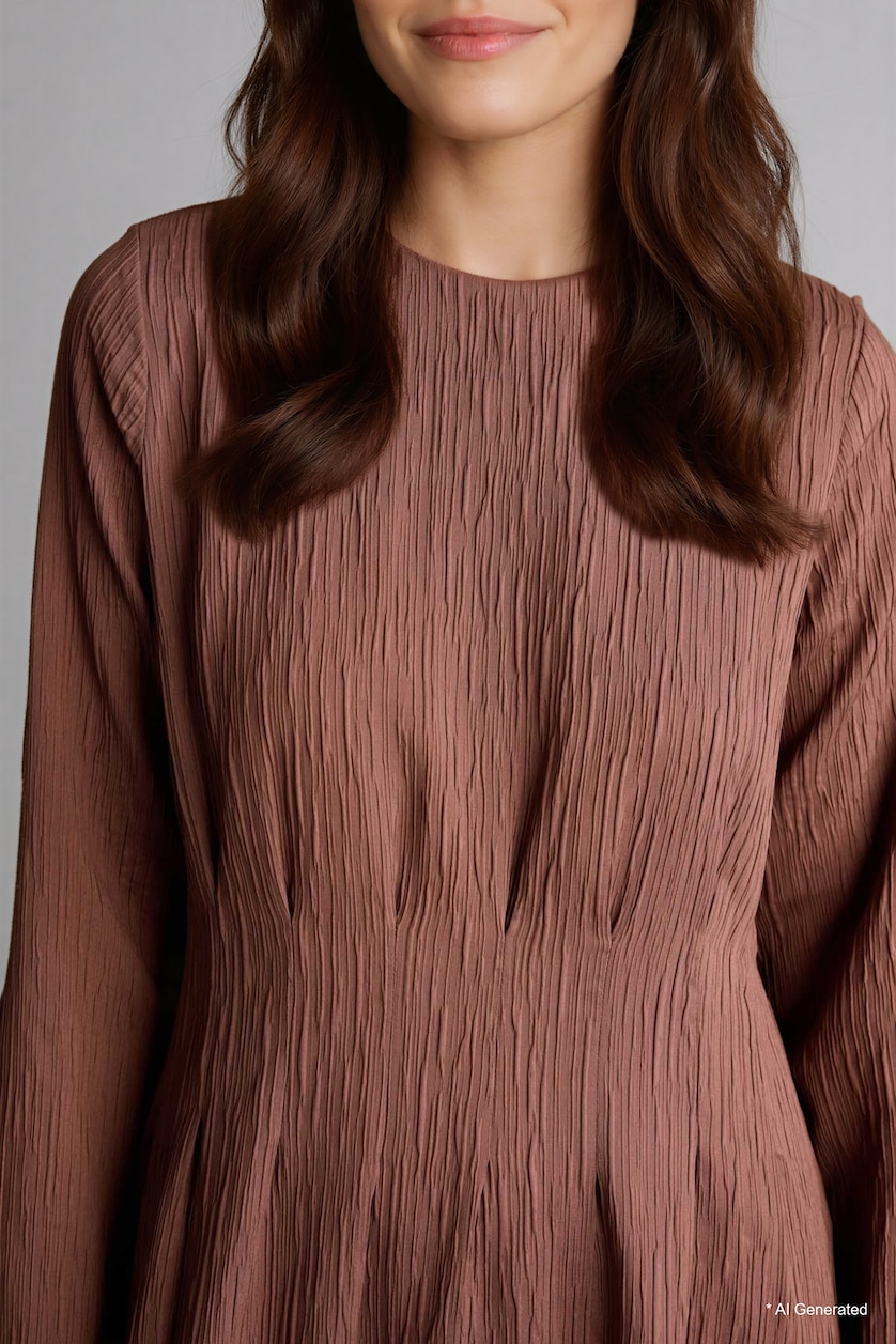 WOMAN Brown Crew Neck Crinkle Fabric Dress
