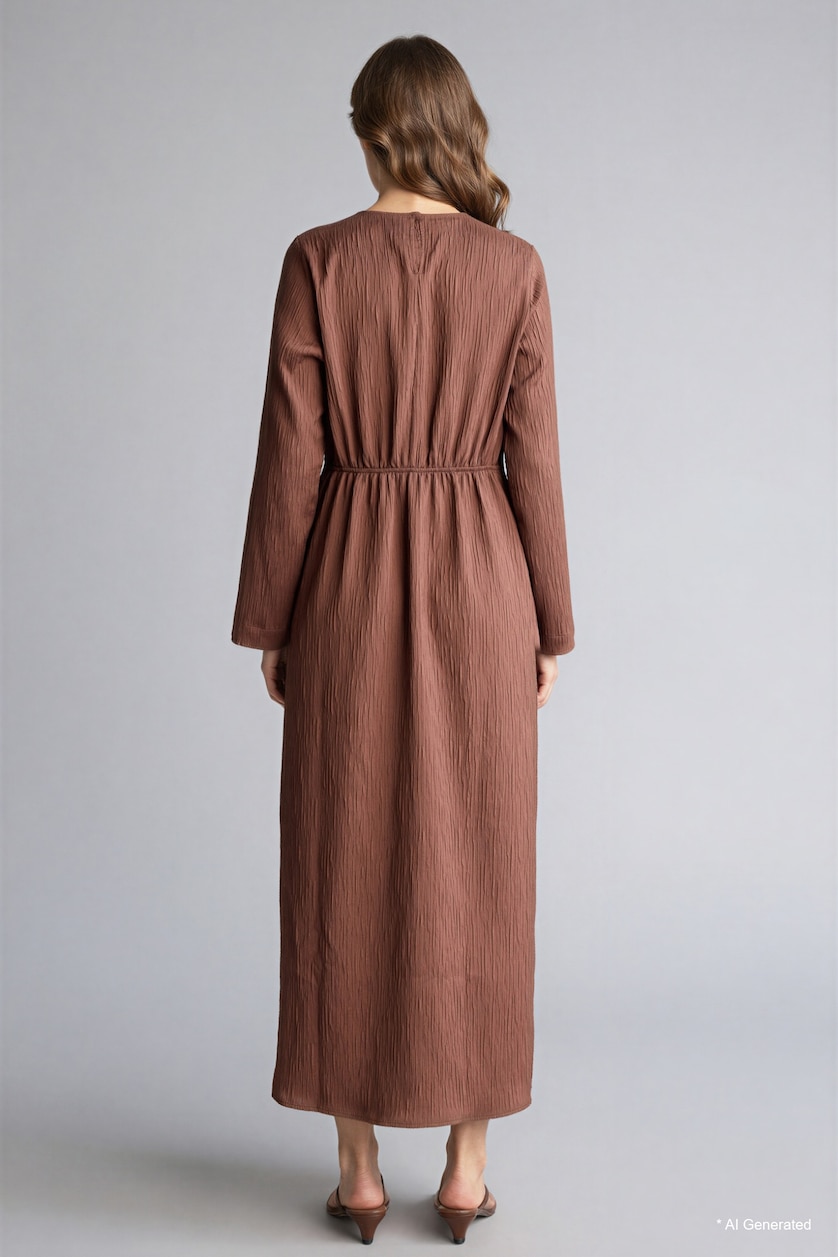 WOMAN Brown Crew Neck Crinkle Fabric Dress