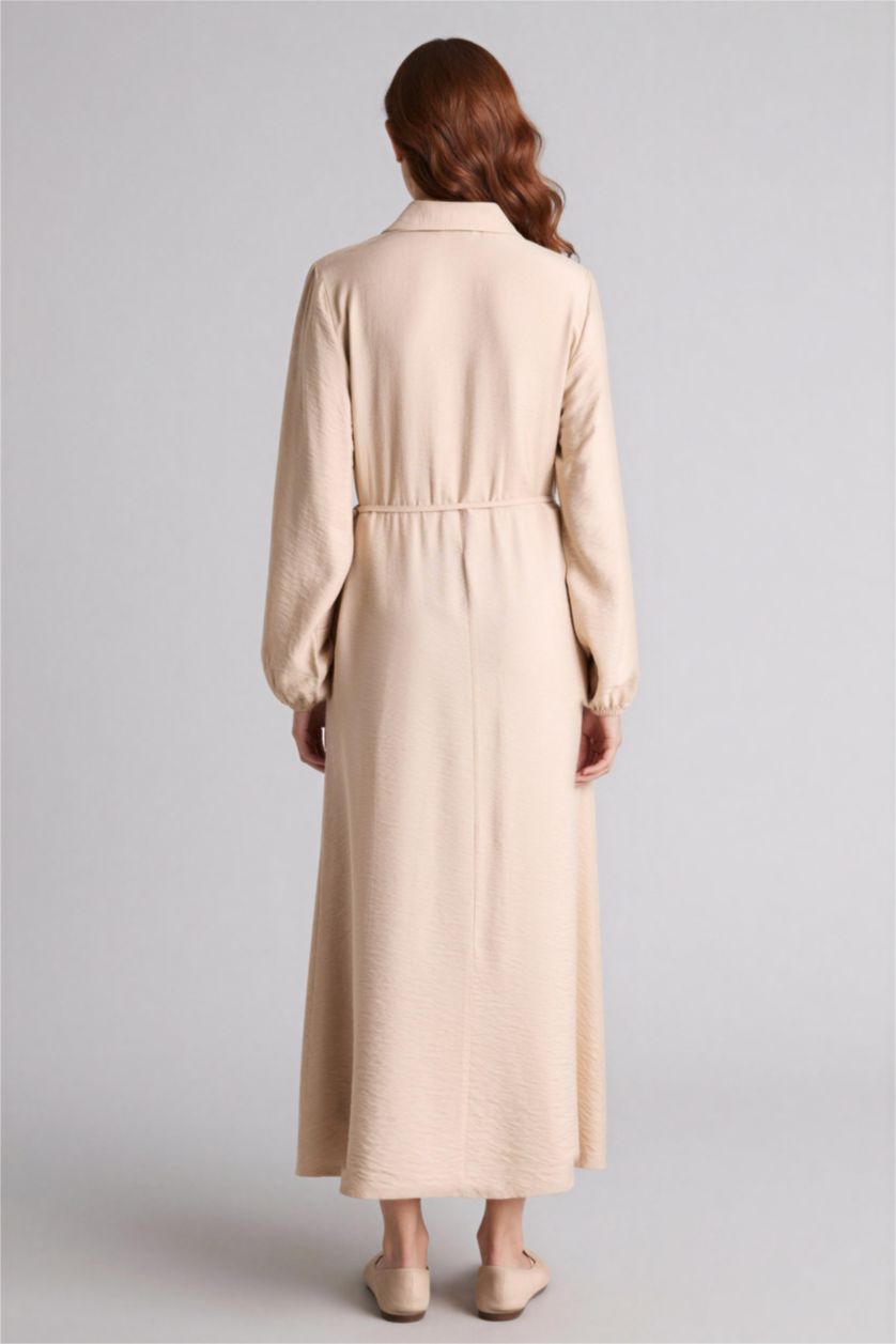 Woman Beige Shirt Collar Dress