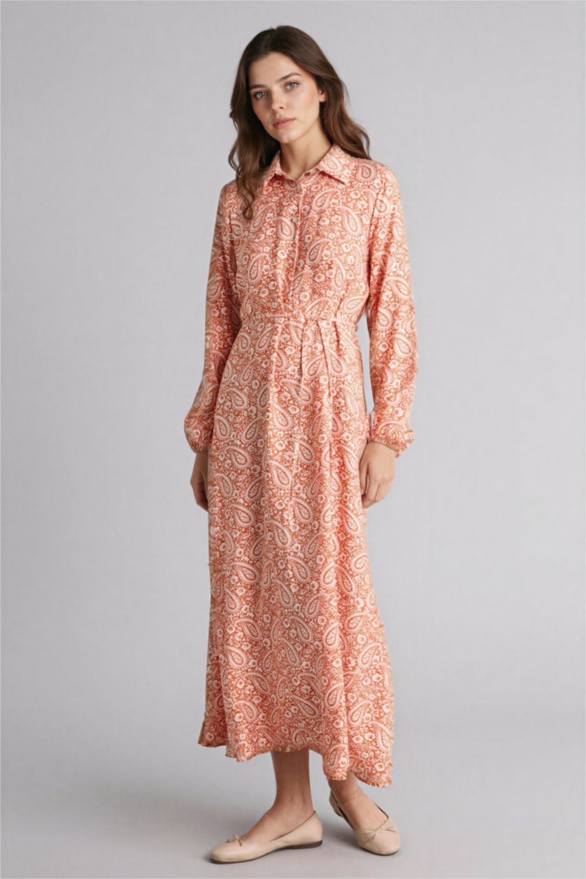 Woman Dark Orange Shirt Collar Printed Dress