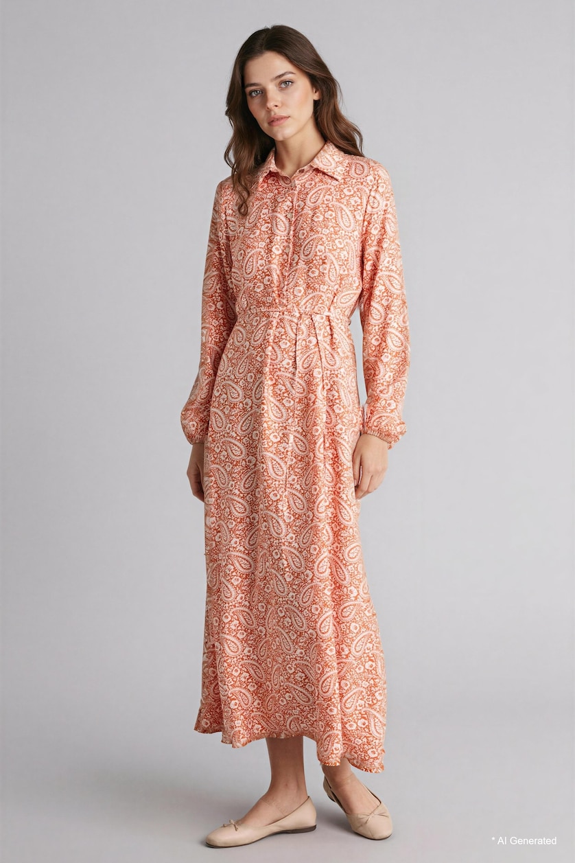 Women Dark Orange Patterned Long Sleeve Maxi Dress
