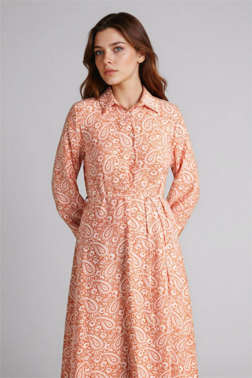 Woman Dark Orange Shirt Collar Printed Dress