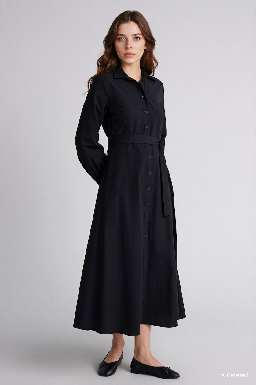 Women Black Shirt Collar Poplin Long Sleeve Dress