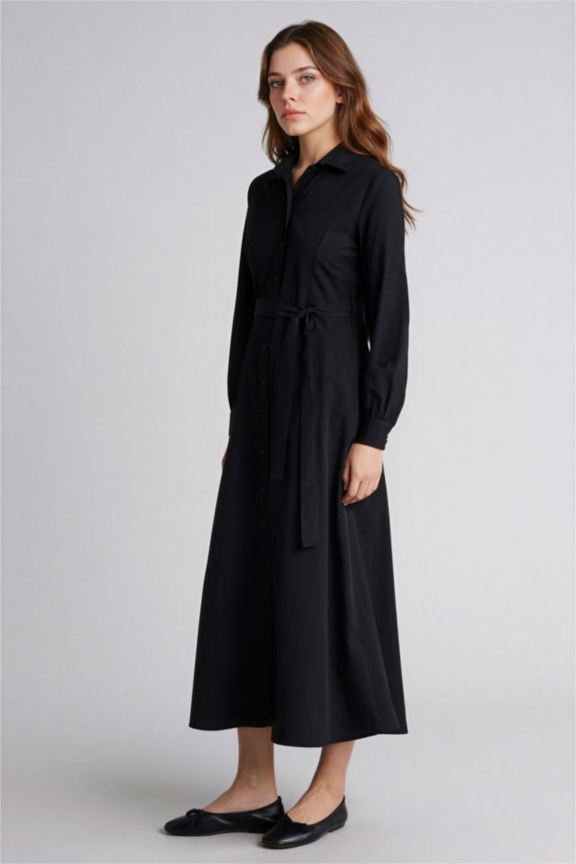 Kadın Siyah Gömlek Yaka Poplin Uzun Kollu Elbise
