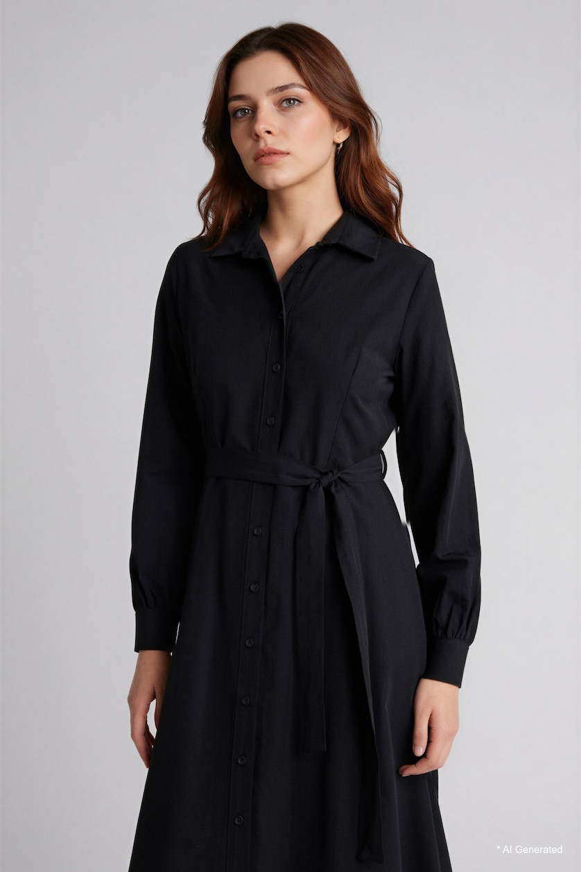 Women Black Shirt Collar Poplin Long Sleeve Dress
