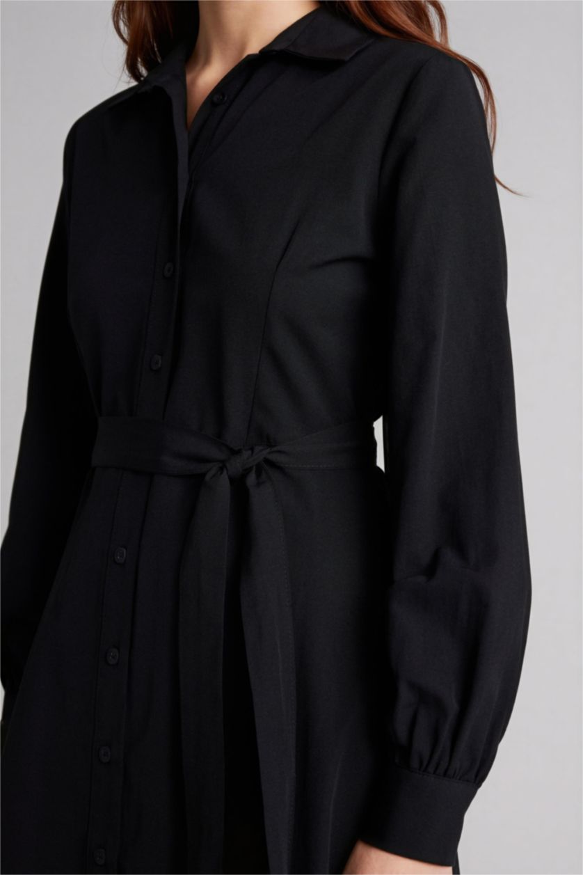 Kadın Siyah Gömlek Yaka Poplin Uzun Kollu Elbise