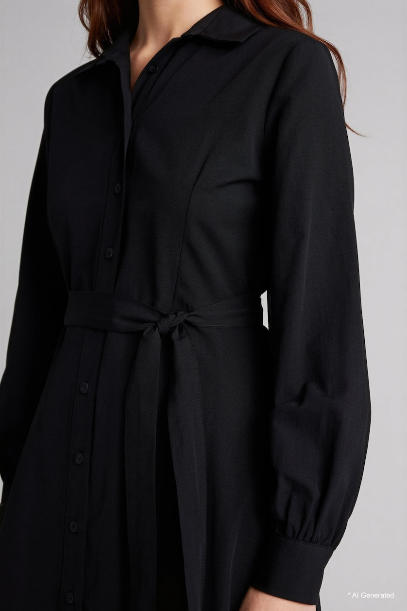 Women Black Shirt Collar Poplin Long Sleeve Dress