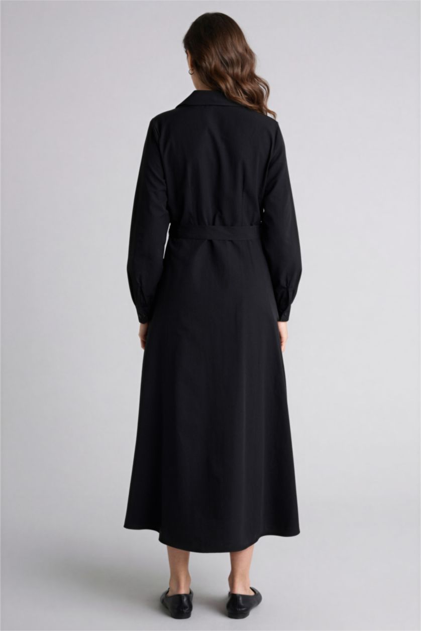 حريمي أسود فستان كم طويل بوبلين بياقة قميص