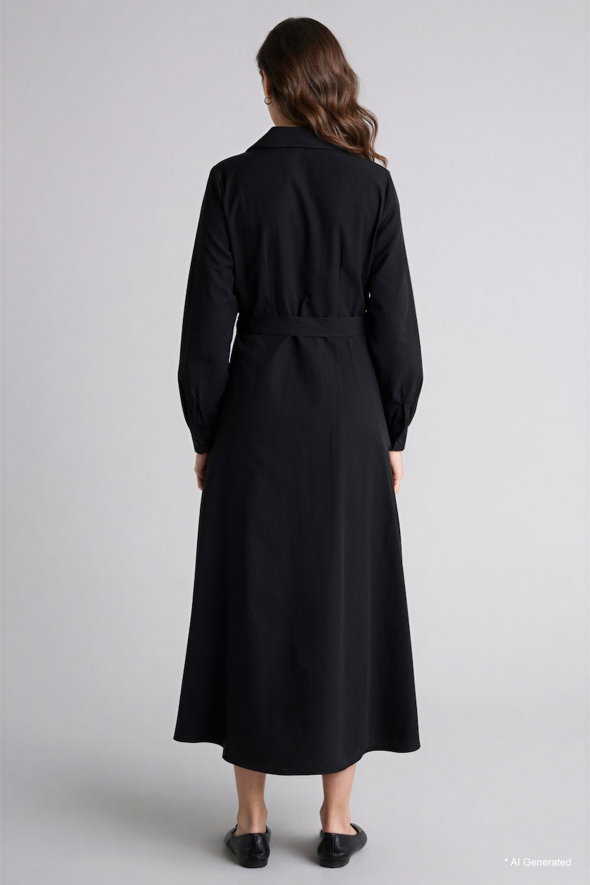 Women Black Shirt Collar Poplin Long Sleeve Dress