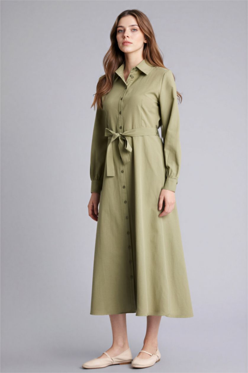 Woman Khaki Shirt Collar Poplin Dress