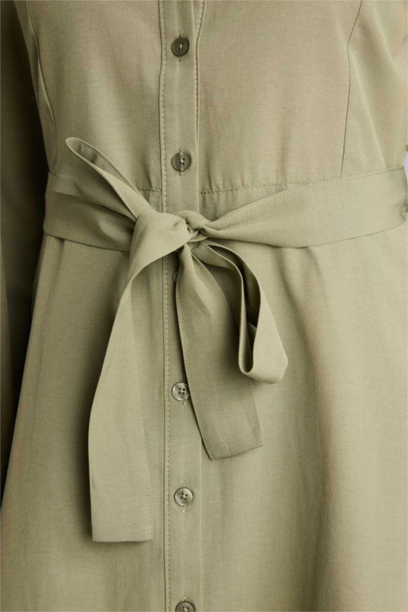 Woman Khaki Shirt Collar Poplin Dress