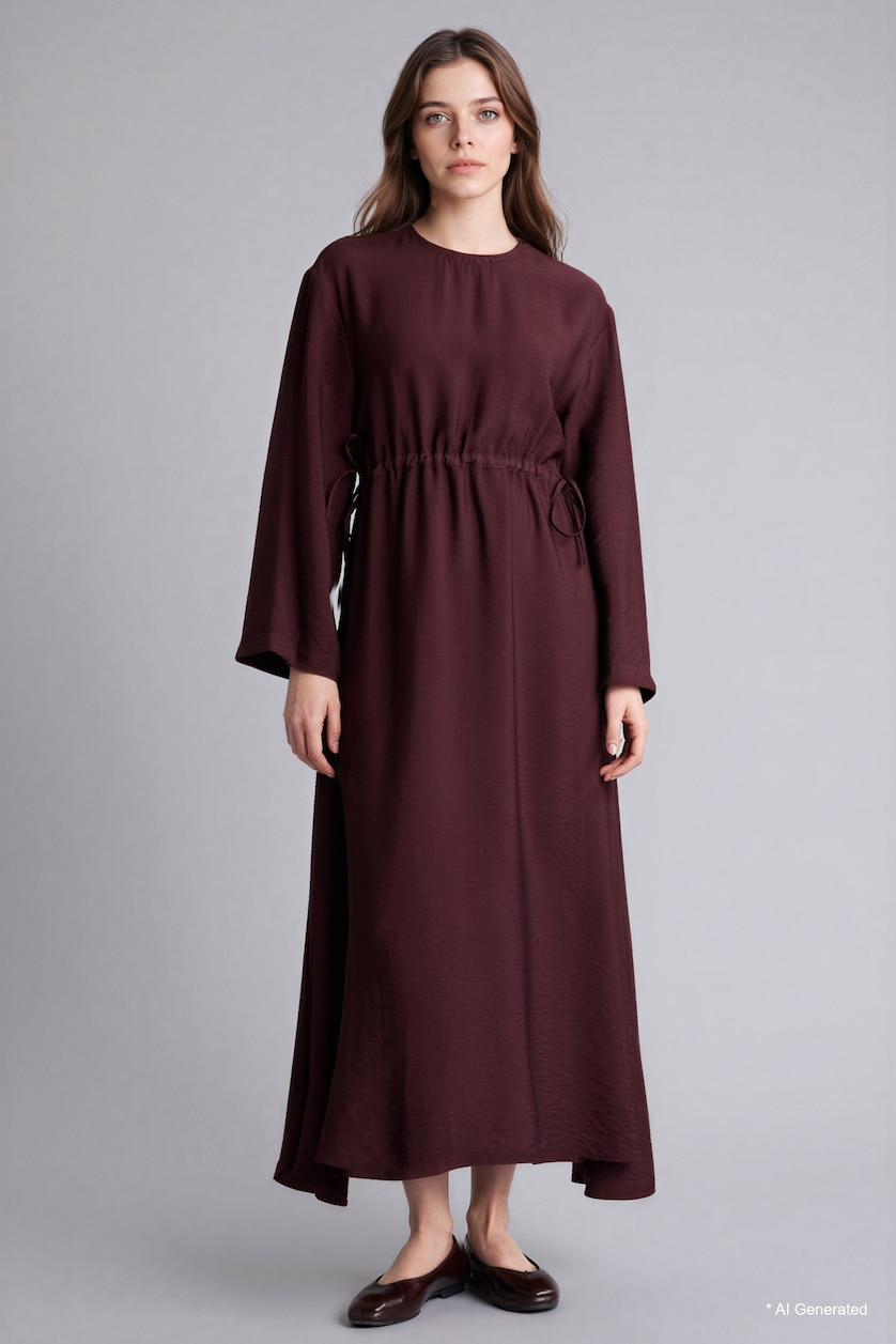 Kadın Bordo Beli Lastikli Midi Elbise