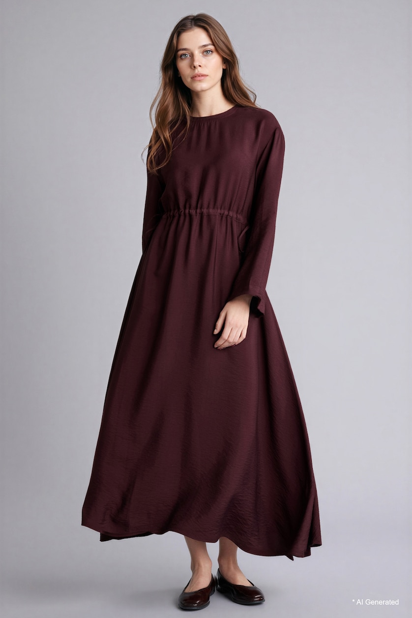 Kadın Bordo Beli Lastikli Midi Elbise