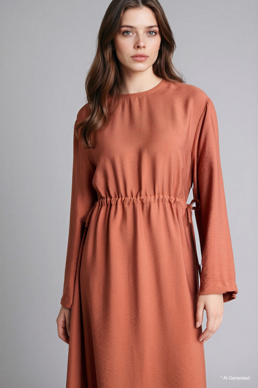 Woman Tile Crew Neck Long Sleeve Dress