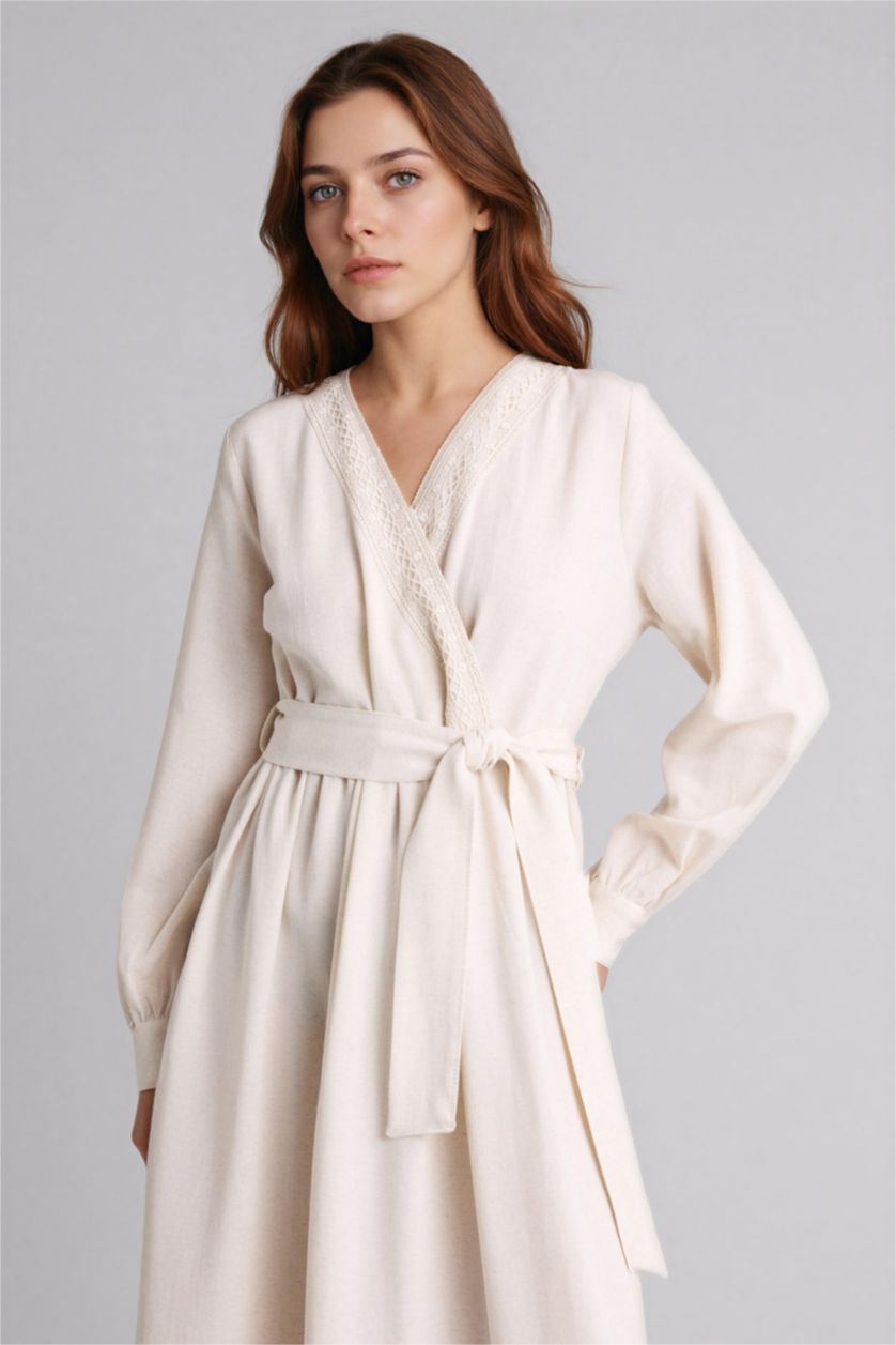 Kadın Doğal Açık Bej Kuşaklı Keten Karışımlı Maxi Elbise