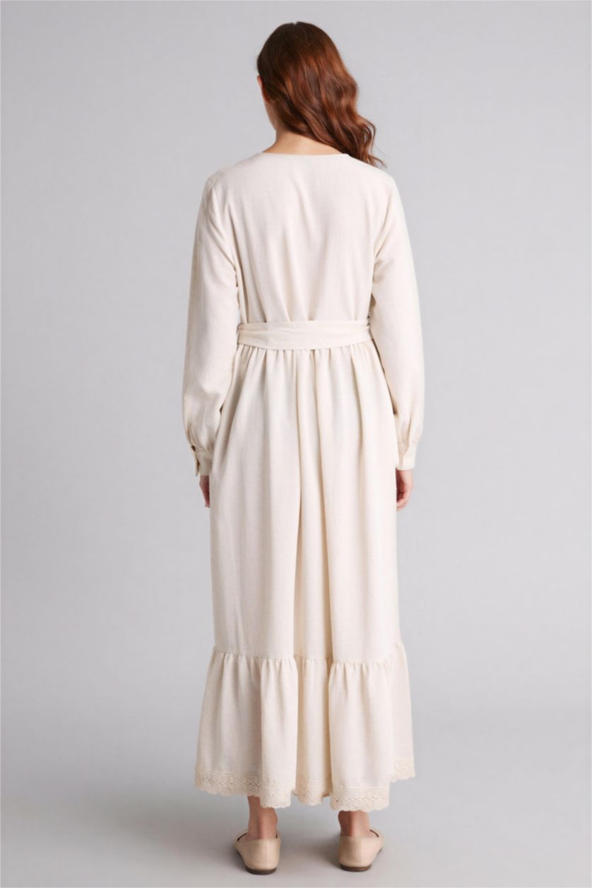 Kadın Doğal Açık Bej Kuşaklı Keten Karışımlı Maxi Elbise