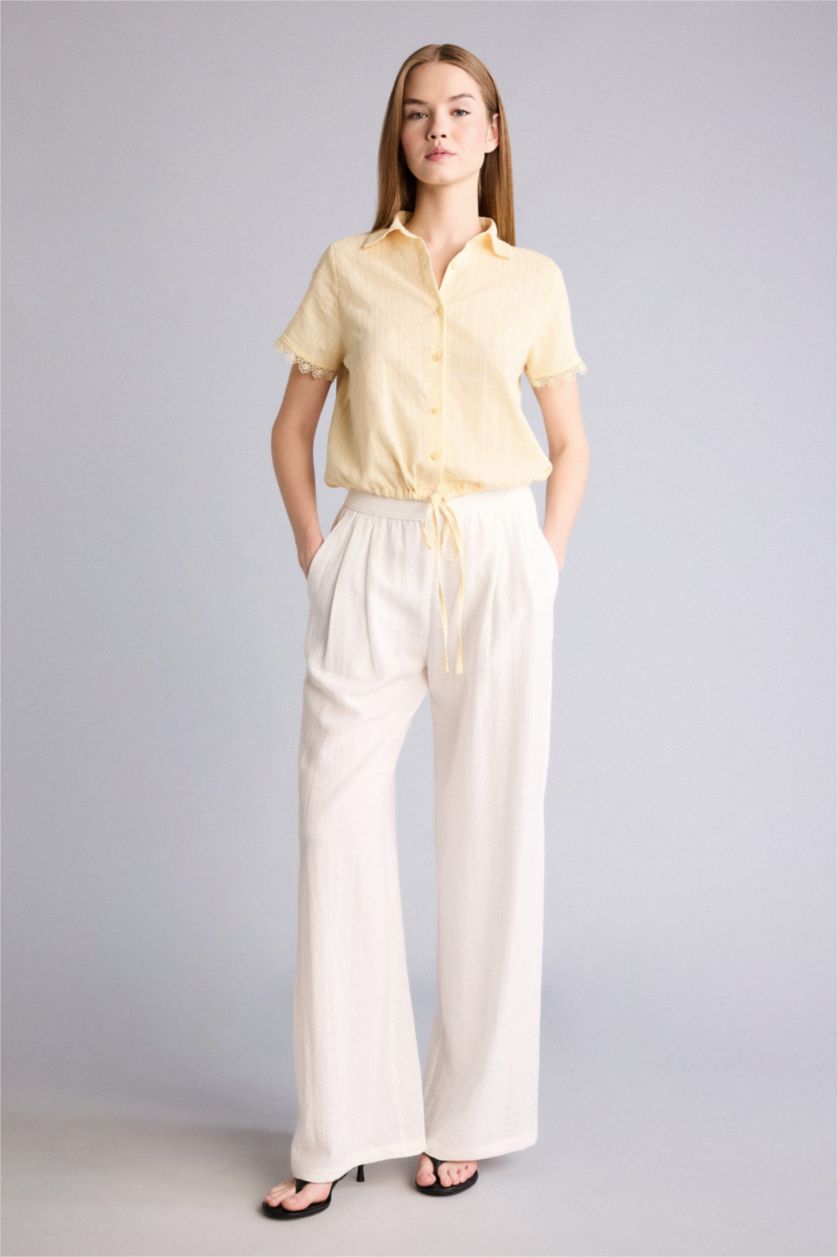 نساء أصفر فاتح قميص نص كم قصة عادية بياقة بيبي