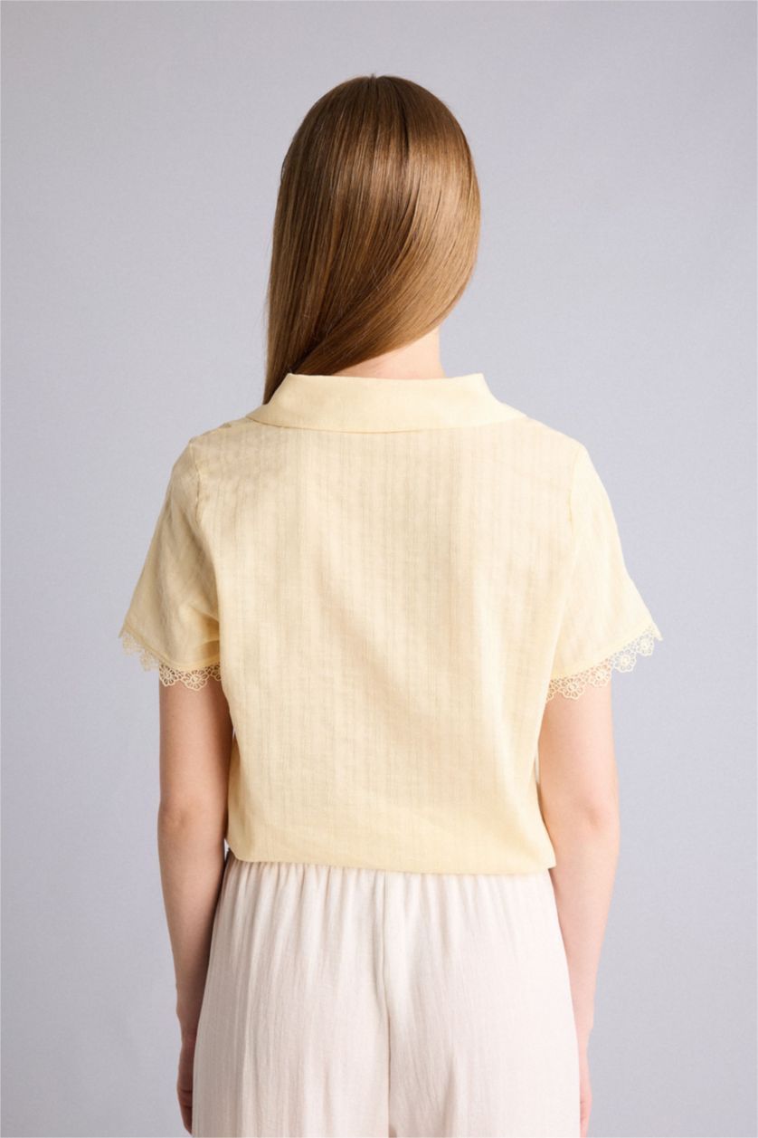 نساء أصفر فاتح قميص نص كم قصة عادية بياقة بيبي