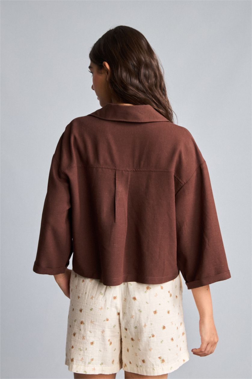 Women Brown Oversize Fit Linen Blended Short Sleeve Shirt