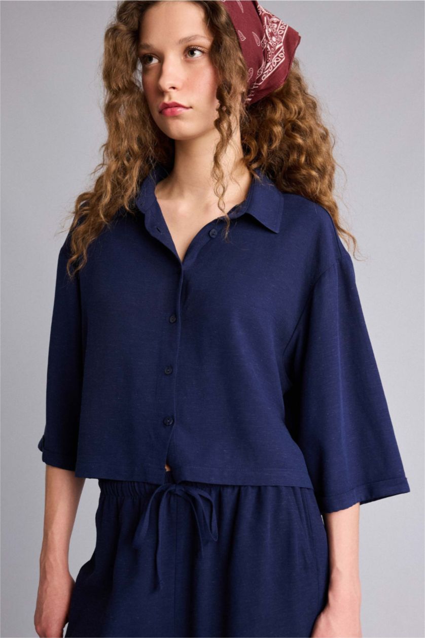 Kadın Lacivert Oversıze Gömlek Yaka Keten Karışımlı Kısa Kollu Gömlek