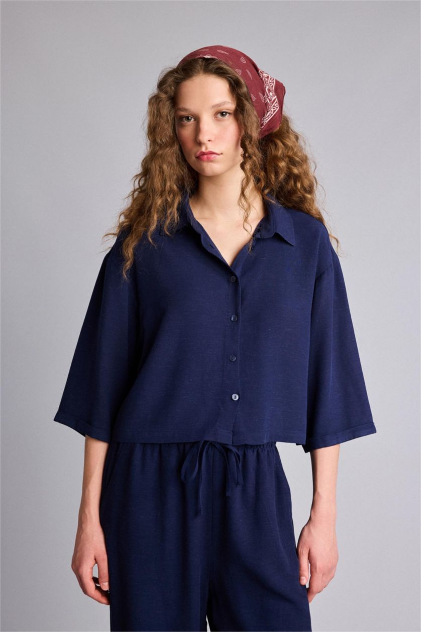 Kadın Lacivert Oversıze Gömlek Yaka Keten Karışımlı Kısa Kollu Gömlek