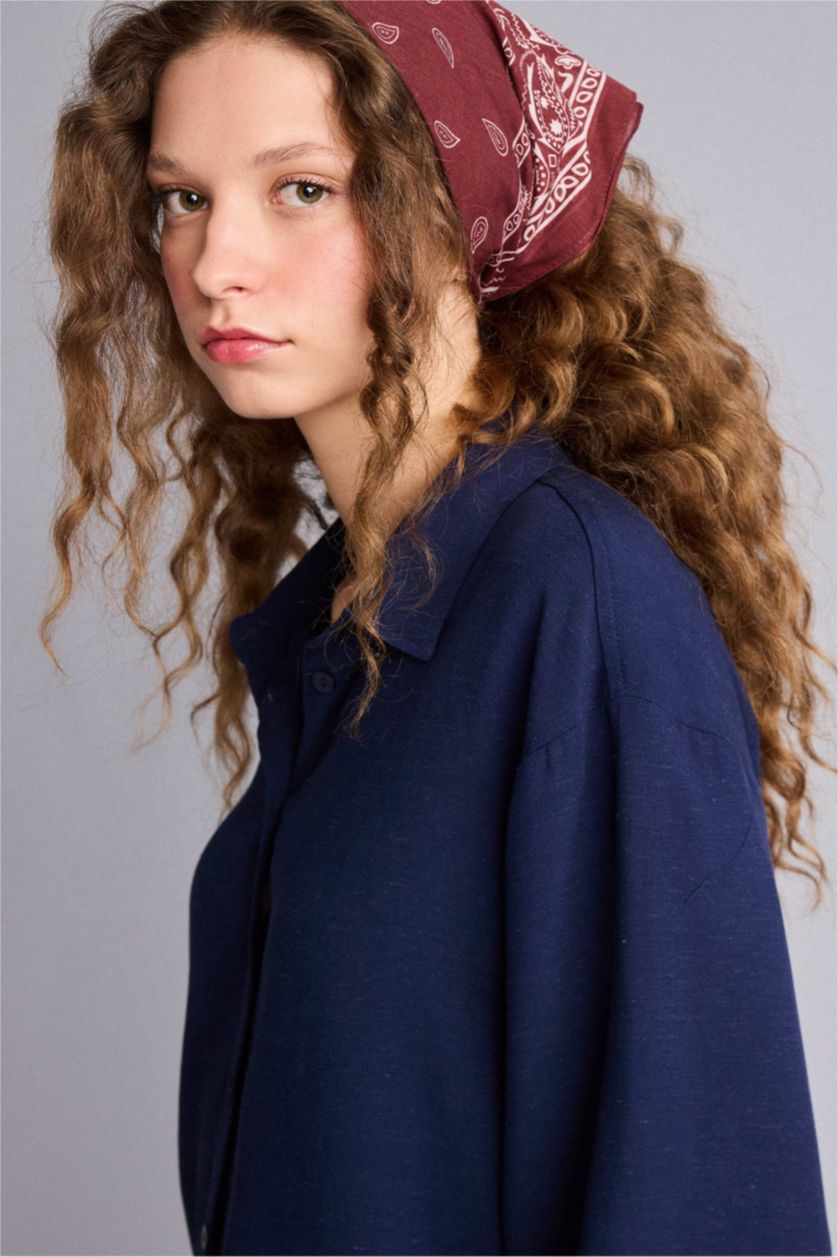 Kadın Lacivert Oversıze Gömlek Yaka Keten Karışımlı Kısa Kollu Gömlek