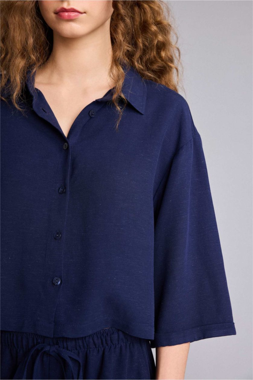 Kadın Lacivert Oversıze Gömlek Yaka Keten Karışımlı Kısa Kollu Gömlek