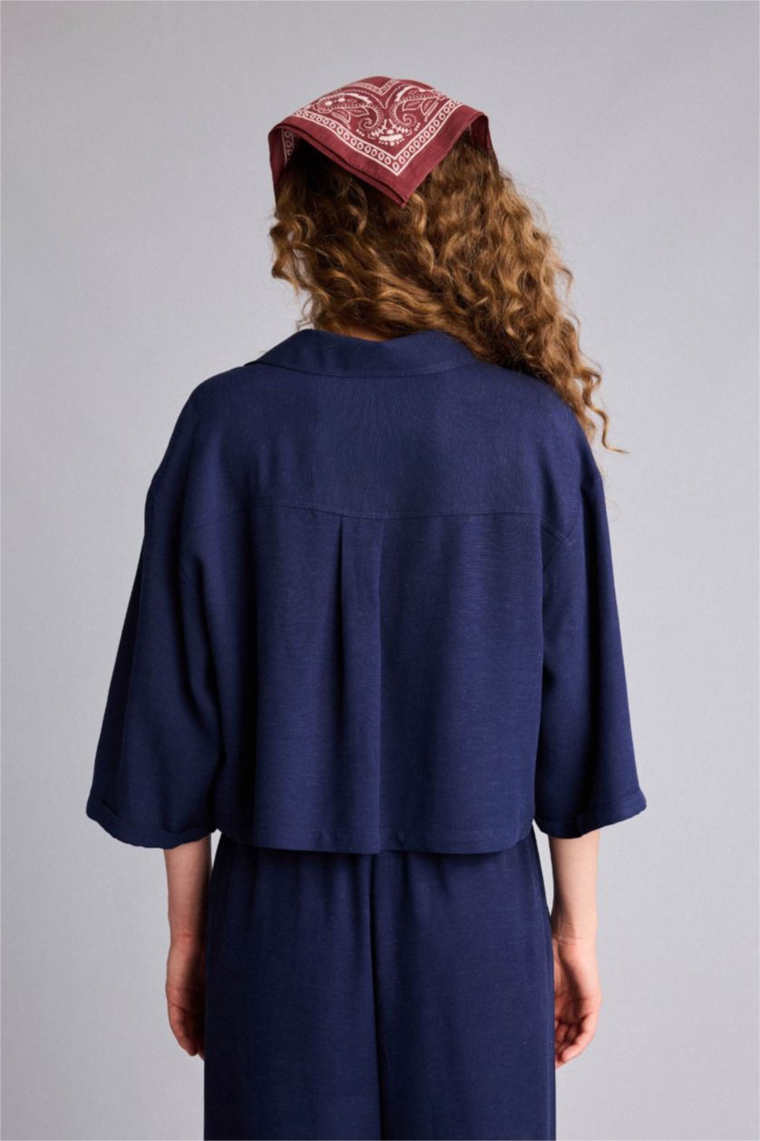 Kadın Lacivert Oversıze Gömlek Yaka Keten Karışımlı Kısa Kollu Gömlek