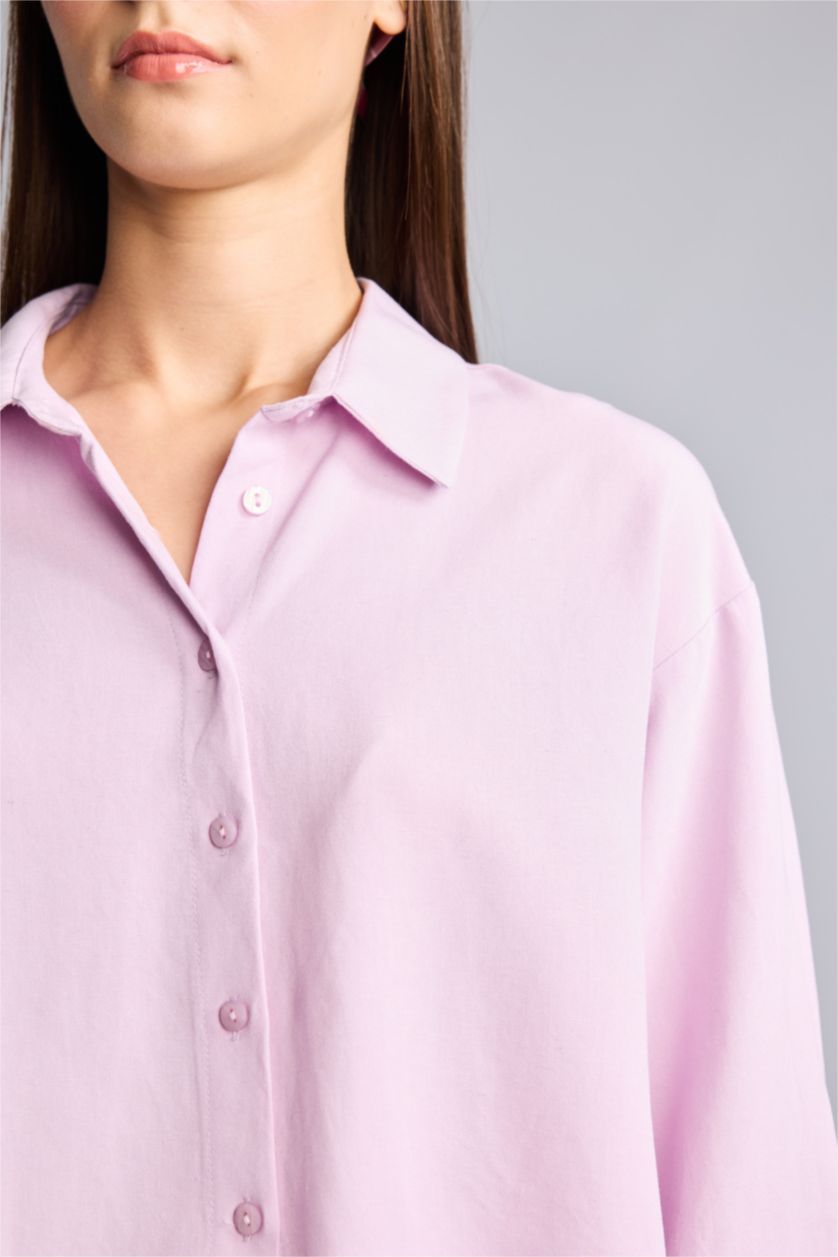 Women Lilac Oversize Fit Linen Blended Short Sleeve Shirt