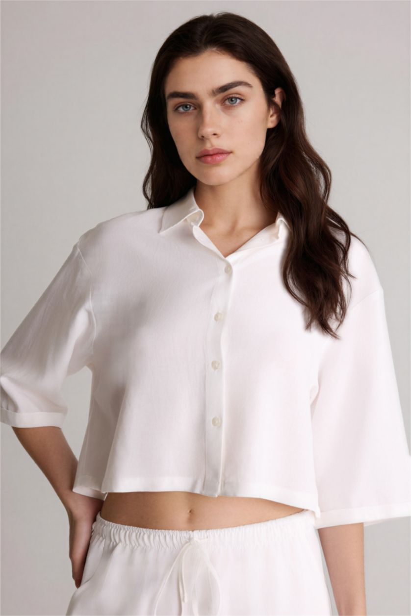 Kadın Kırık Beyaz Oversıze Gömlek Yaka Keten Karışımlı Kısa Kollu Gömlek