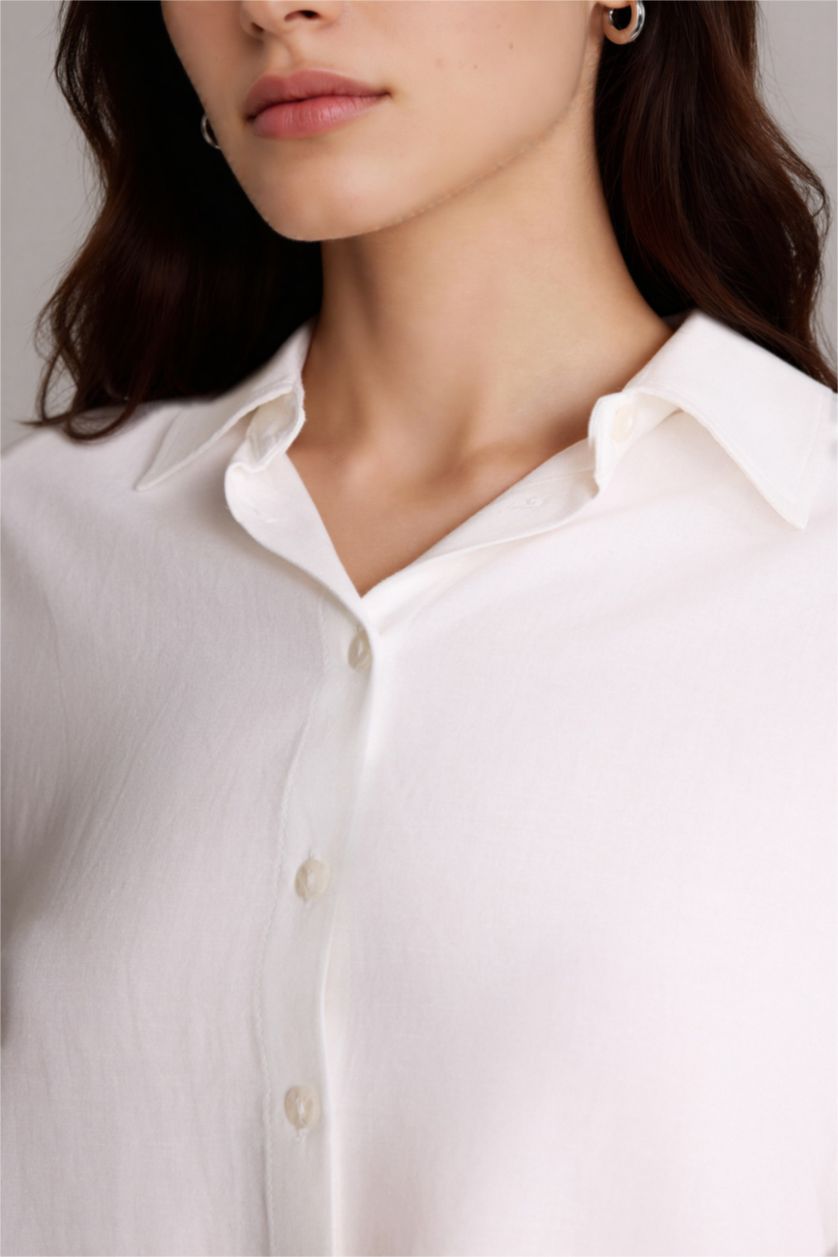 Kadın Kırık Beyaz Oversıze Gömlek Yaka Keten Karışımlı Kısa Kollu Gömlek