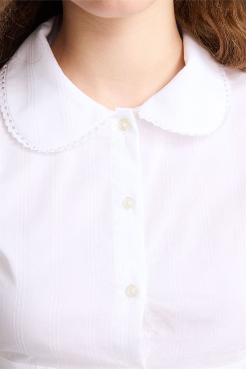 Kadın Beyaz Fıtted Bebe Yaka Kısa Kollu Gömlek