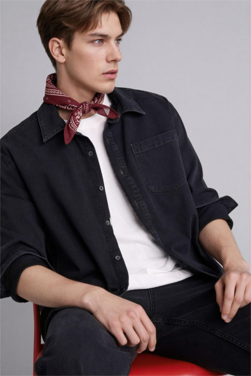 Erkek Siyah Regular Fıt Pamuklu Uzun Kollu Gömlek