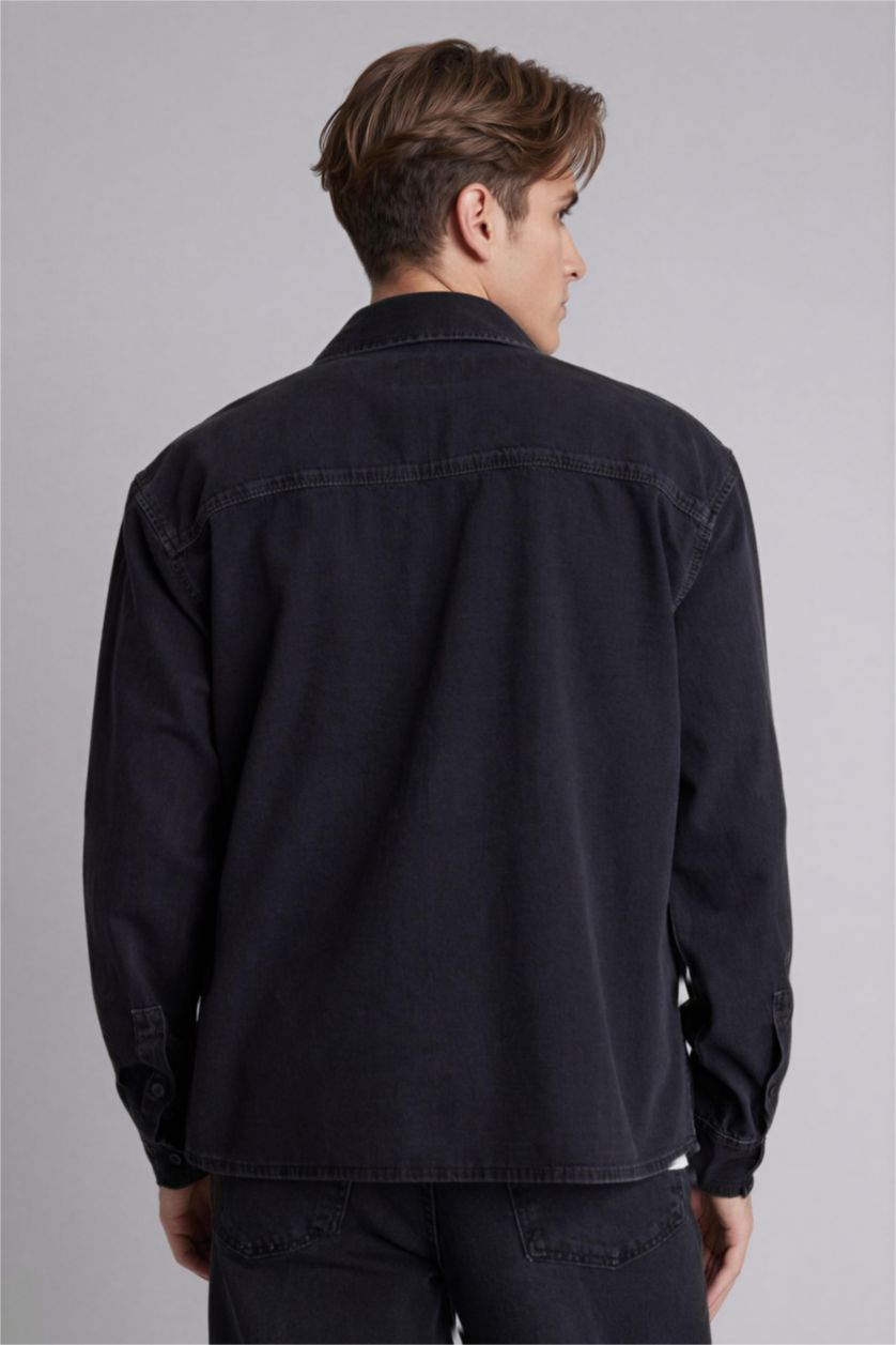 Erkek Siyah Regular Fıt Pamuklu Uzun Kollu Gömlek