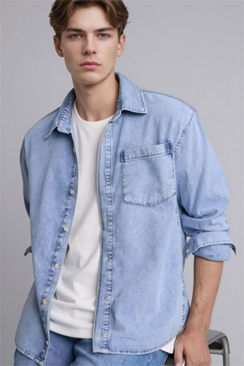 Erkek Açık Mavi Regular Fıt Pamuklu Uzun Kollu Gömlek