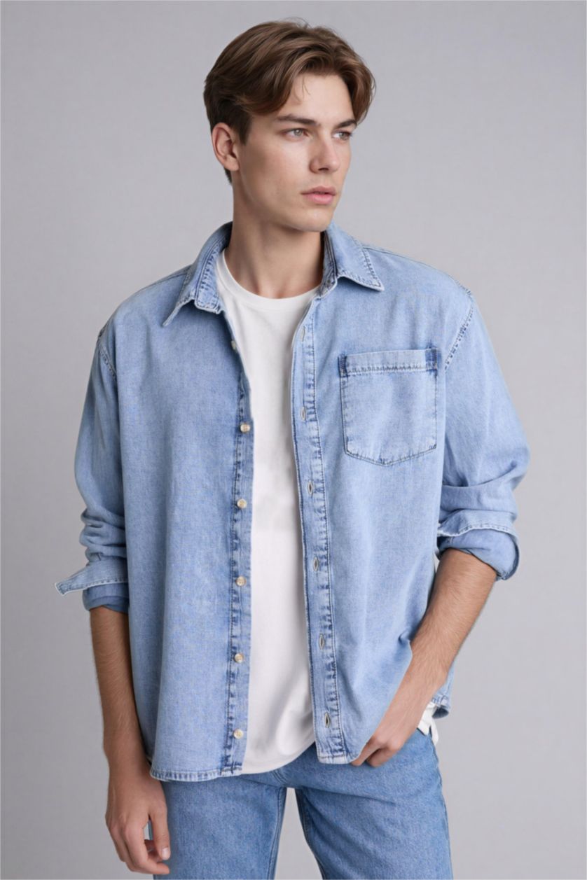 Erkek Açık Mavi Regular Fıt Pamuklu Uzun Kollu Gömlek