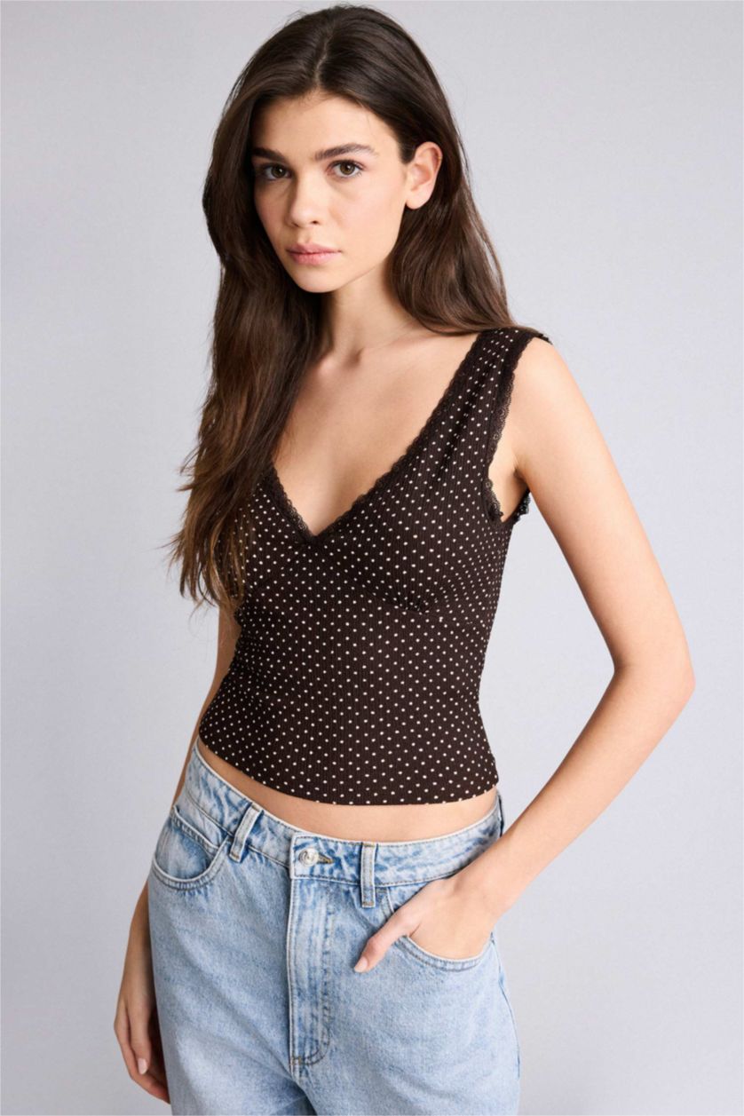 Kadın Kahve Fıtted Puantiyeli Bürümcük Atlet