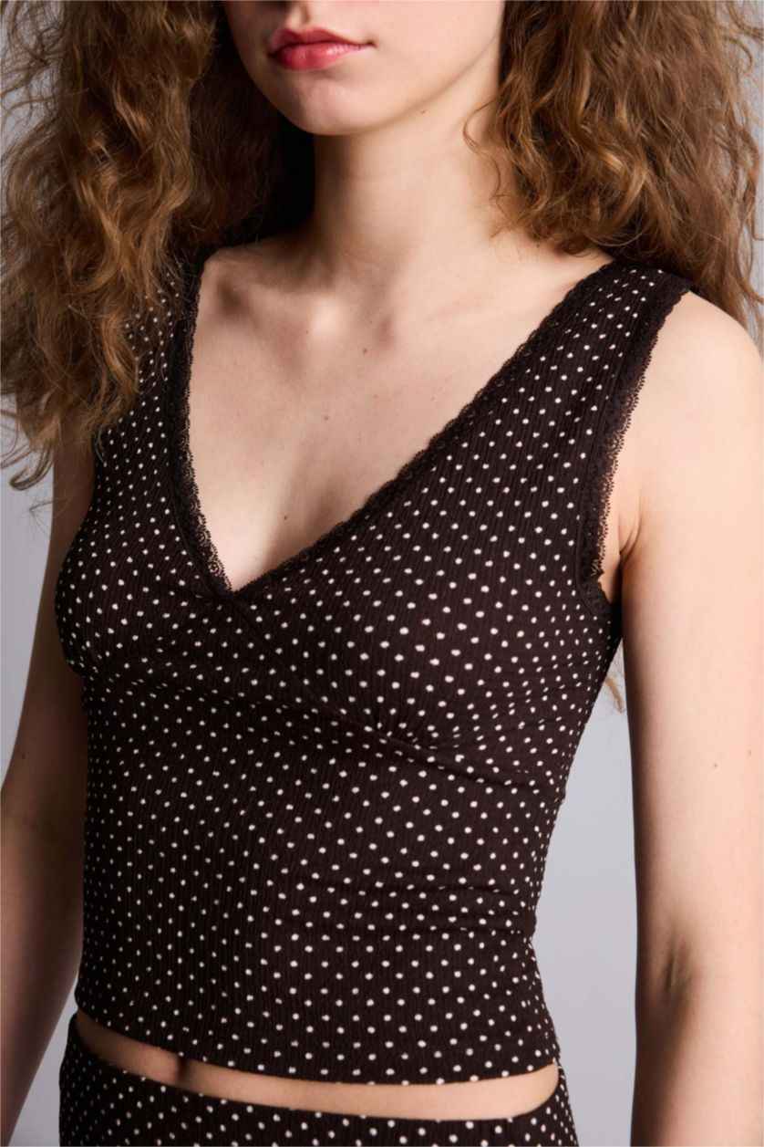 Woman Brown Slim Fit Polka Dot V-Neck Tank Top