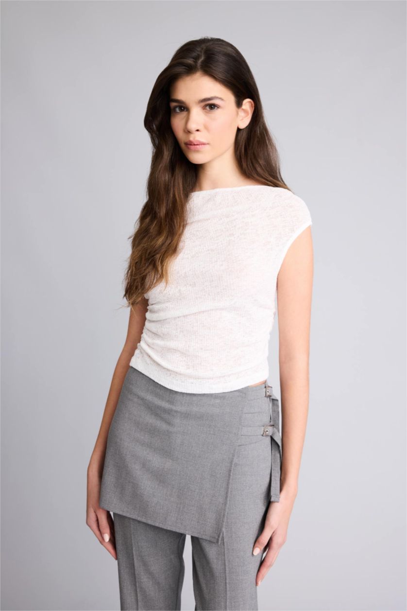 Женщины Кремовый Футболка кашкорсе Fitted в рубчик с вырезом лодочка