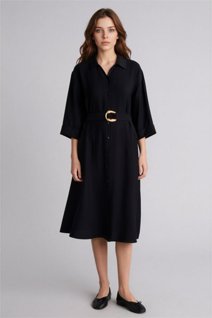 Kadın Siyah Regular Fıt Gömlek Yaka Uzun Kollu Elbise