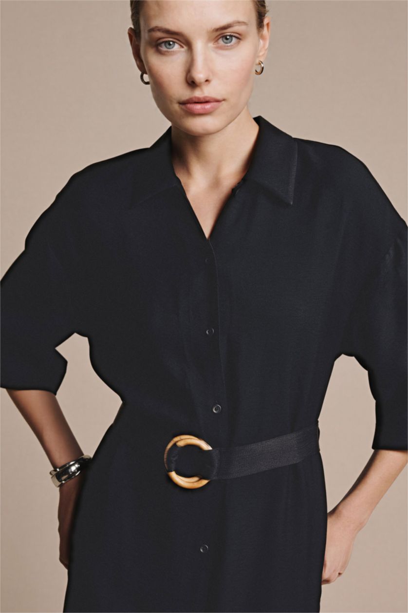 FEMME Noir Robe midi à demi-manches Coupe régulière