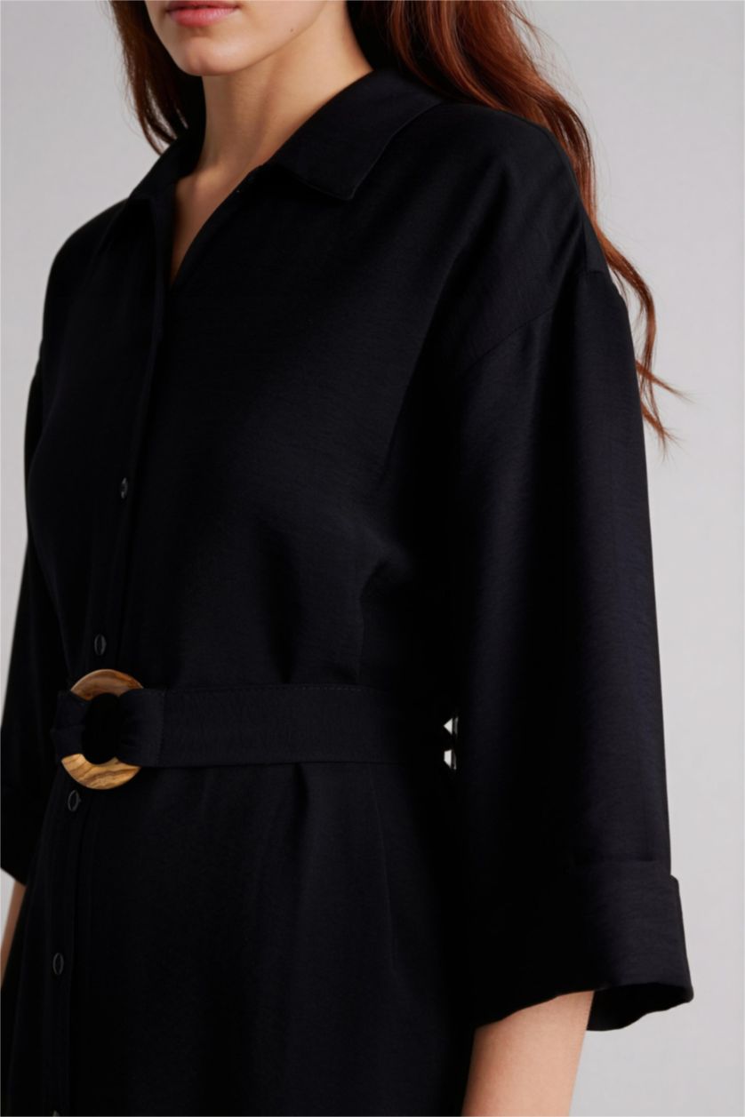 Kadın Siyah Regular Fıt Gömlek Yaka Uzun Kollu Elbise