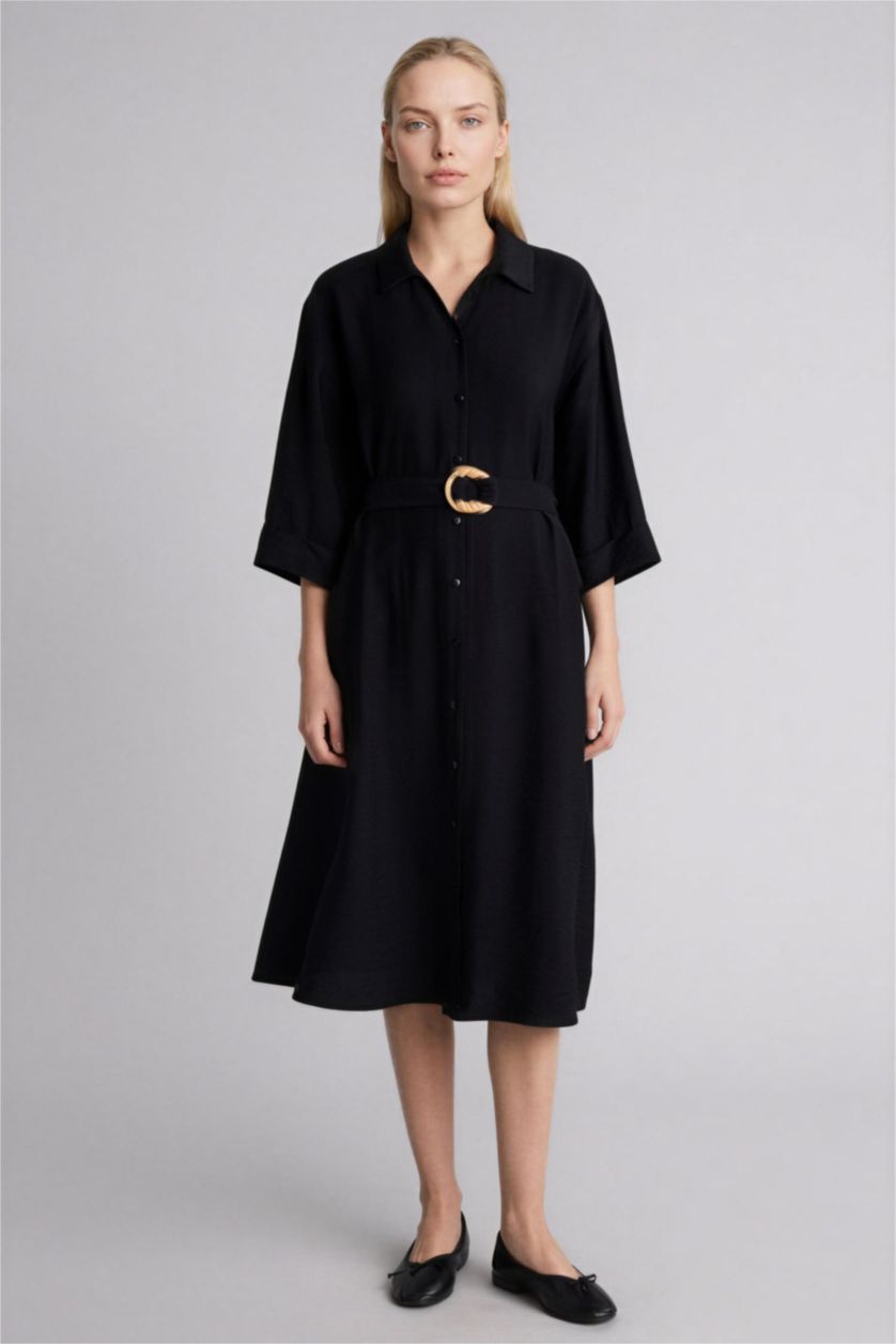 FEMME Noir Robe midi à demi-manches Coupe régulière