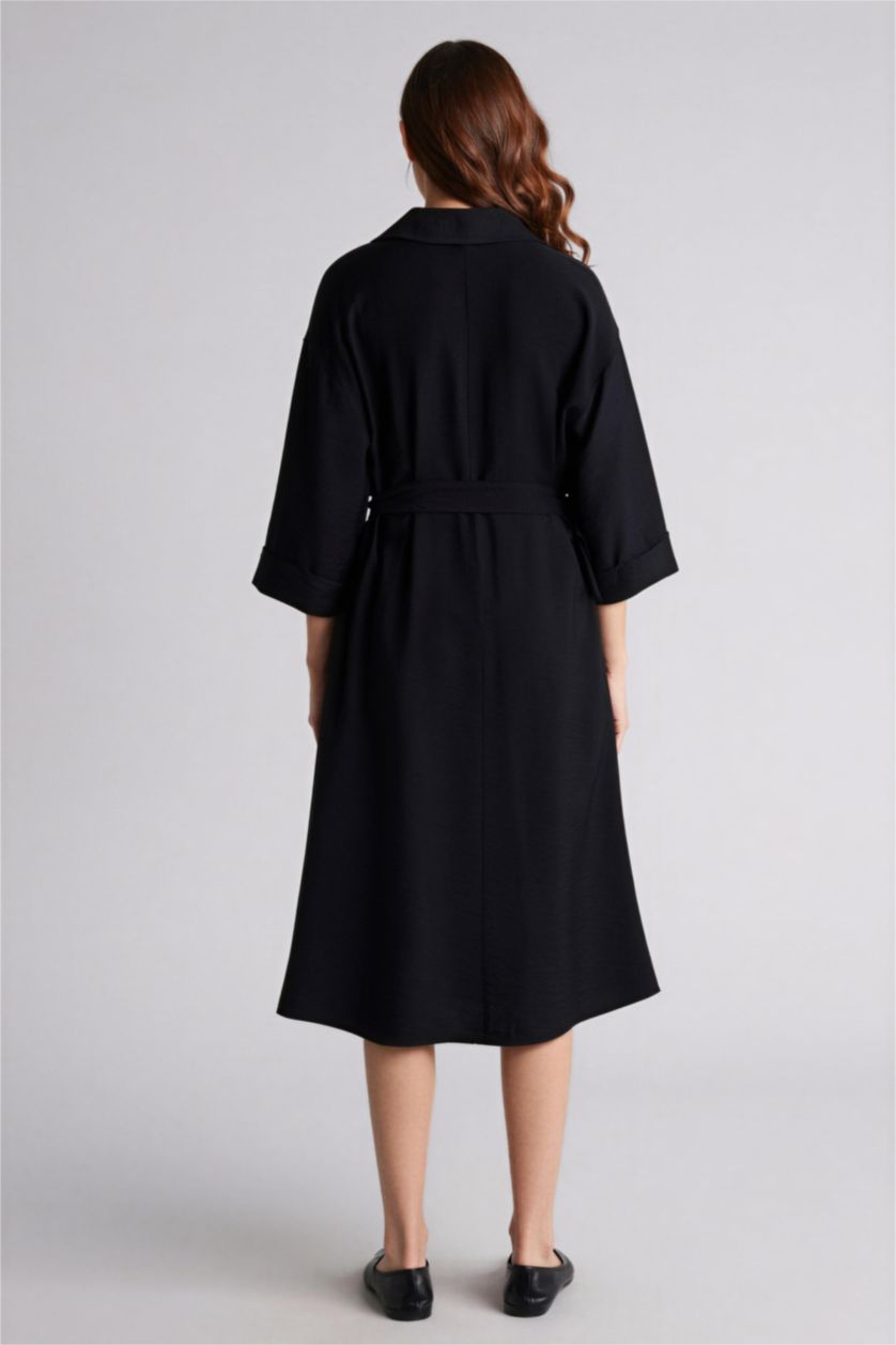 Kadın Siyah Regular Fıt Gömlek Yaka Uzun Kollu Elbise