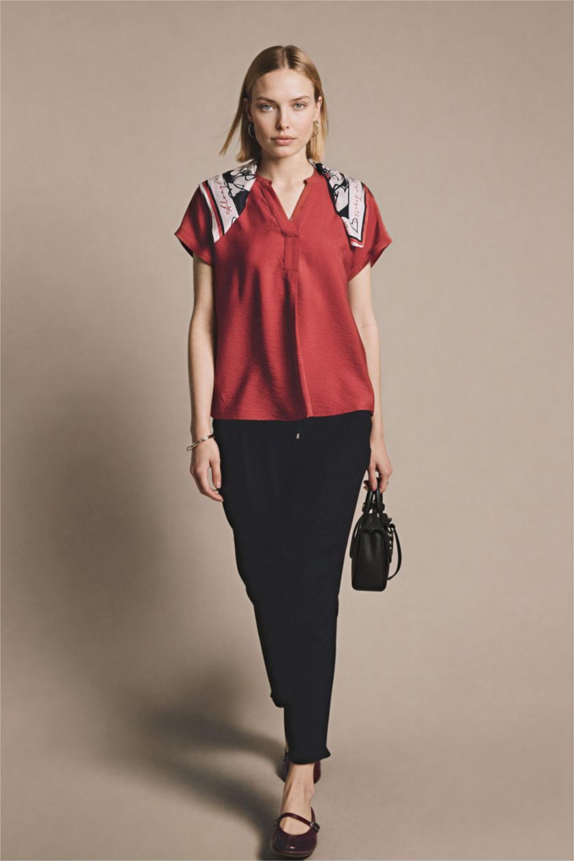 Женщины Красный Блузка Regular Fit с круглым вырезом и коротким рукавом