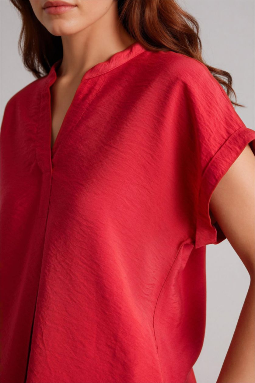 WOMAN Red Regular Fit Crew Neck Short Sleeve Blouse